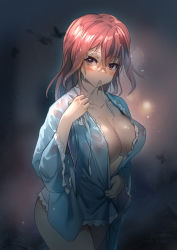 Rule 34 | 1girl, absurdres, areola slip, baozishark, blush, breasts, bug, butterfly, cowboy shot, expressionless, hair between eyes, highres, insect, large breasts, long hair, long sleeves, looking at viewer, mole, mole on breast, mouth hold, pink eyes, pink hair, robe, saigyouji yuyuko, see-through, solo, standing, touhou, wet, wet clothes, wet hair, wide sleeves