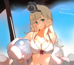 Rule 34 | 1girl, bad id, bad twitter id, ball, beachball, bikini, black hairband, blonde hair, blue background, braid, breasts, cleavage, collarbone, commentary request, crown, dated, french braid, green eyes, hairband, highres, jacket, kantai collection, large breasts, long hair, looking at viewer, mini crown, solo, sunday aki, swimsuit, twitter username, upper body, warspite (kancolle), white bikini, white jacket
