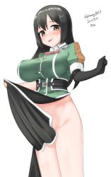 Rule 34 | 1girl, absurdres, black eyes, black gloves, black hair, breasts, chikuma (kancolle), chikuma kai ni (kancolle), elbow gloves, gloves, green shirt, highres, kantai collection, large breasts, long hair, long skirt, looking at viewer, maru (marg0613), no panties, one-hour drawing challenge, pelvic curtain, puffy short sleeves, puffy sleeves, shirt, short sleeves, side slit, simple background, single glove, skirt, solo, tongue, tongue out, white background