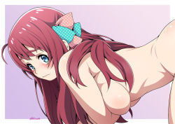 Rule 34 | 10s, 1girl, ahoge, artist name, blue eyes, blush, border, bow, breasts, covering privates, covering breasts, gradient background, hair bow, hair ornament, kouda tomohiro, large breasts, long hair, looking at viewer, minamoto sakura, nude, outside border, red hair, simple background, solo, wavy mouth, white border, zombie, zombie land saga