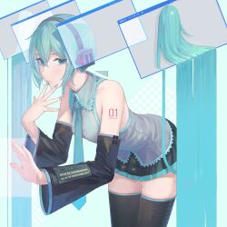 Rule 34 | 1girl, absurdres, aqua eyes, aqua hair, aqua nails, aqua necktie, bare shoulders, bent over, black skirt, black thighhighs, breasts, commentary, crossed bangs, detached hair, detached sleeves, english commentary, fingernails, grey shirt, hair between eyes, hand to own mouth, hatsune miku, headphones, highres, long hair, long sleeves, looking at viewer, medium breasts, miniskirt, necktie, number tattoo, shirt, skirt, sleeveless, sleeveless shirt, solo, tadanotarosuke, tattoo, thighhighs, twintails, very long hair, vocaloid, window (computing)