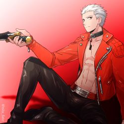 Rule 34 | 10s, 1boy, archer (fate), collar, fate/extra, fate/extra ccc, fate (series), jacket, lowres, male focus, niu illuminator, official alternate costume, open clothes, open jacket, red jacket, solo, sword, weapon, white hair