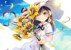 Rule 34 | 1girl, black ribbon, blue sky, blush, brown hair, cloud, cloudy sky, commentary request, day, dress, flower, green eyes, hat, holding, holding flower, kuga tsukasa, long hair, looking at viewer, neck ribbon, one eye closed, original, outdoors, parted lips, petals, ribbon, sailor collar, short sleeves, sky, smile, solo, summer, sun hat, sundress, sunflower, upper body, white dress