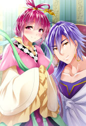 Rule 34 | 1boy, 1girl, brown eyes, chinese clothes, collarbone, commentary request, hair between eyes, hair ornament, hair rings, hair stick, highres, jewelry, long hair, magi the labyrinth of magic, purple hair, red eyes, red hair, ren kougyoku, sasakuma kyouta, sinbad (magi), smile, wide sleeves