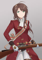 Rule 34 | 1girl, absurdres, bolt action, brown hair, bullet, closed mouth, feet out of frame, girls&#039; frontline, gloves, green eyes, grey background, gun, hair ornament, highres, holding, holding gun, holding weapon, lee-enfield, lee-enfield (girls&#039; frontline), long hair, looking away, military, military uniform, pants, red uniform, rifle, smile, solo, standing, the void to fly, uniform, weapon, white gloves, white pants