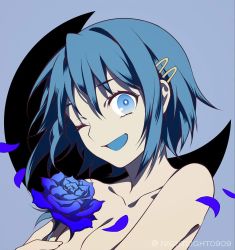Rule 34 | 1girl, :d, blue background, blue flower, blue hair, blue rose, blue theme, crescent, flower, hair ornament, hairclip, holding, holding flower, looking at viewer, mahou shoujo madoka magica, mahou shoujo madoka magica (anime), miki sayaka, nightlight0909, one eye closed, open mouth, petals, rose, short hair, smile, solo, twitter username