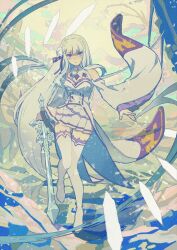 1girl bare_shoulders blunt_bangs boots breasts cleavage commentary_request detached_sleeves duplicate emilia_(re:zero) flower grey_hair hair_flower hair_ornament hair_ribbon highres holding holding_sword holding_weapon iwamushi long_hair looking_at_viewer miniskirt pleated_skirt purple_eyes purple_ribbon re:zero_kara_hajimeru_isekai_seikatsu ribbon rose skirt solo sword thigh_boots weapon white_flower white_footwear white_rose white_skirt wide_sleeves