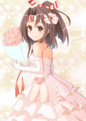 Rule 34 | 10s, 1girl, absurdres, bad id, bad pixiv id, bare shoulders, blush, brown eyes, brown hair, dress, elbow gloves, flower, gloves, hachimaki, hair flower, hair ornament, headband, high ponytail, highres, kantai collection, kapatarou, looking at viewer, smile, solo, wedding dress, white dress, white gloves, zuihou (kancolle)