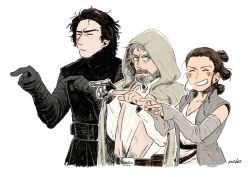 Rule 34 | 1girl, 2boys, animification, beard, belt, ben solo, blue eyes, blush, brown hair, closed eyes, facial hair, grin, hood, hood up, kylo ren, looking at viewer, luke skywalker, matsuri6373, mechanical arms, multiple boys, mustache, old, open mouth, pointing, prosthesis, prosthetic arm, rey (star wars), scar, serious, short hair, simple background, single mechanical arm, smile, star wars, star wars: the force awakens, star wars: the last jedi, white background