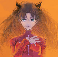 Rule 34 | 1girl, black hair, blue eyes, command spell, fate/stay night, fate (series), hair ribbon, hand on own chest, highres, long hair, looking at viewer, morisaki (sakiss34), orange background, red sweater, ribbon, solo, tohsaka rin, turtleneck, two side up, upper body