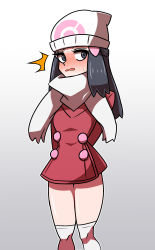 Rule 34 | 1girl, ^^^, arms behind back, beanie, black hair, blush, coat, commentary, creatures (company), dawn (pokemon), eyelashes, game freak, gradient background, grey eyes, hair ornament, hairclip, hat, legs together, long hair, nintendo, omoitsuka, open mouth, outline, over-kneehighs, pokemon, pokemon dppt, pokemon platinum, red coat, scarf, shiny skin, sidelocks, sideways glance, solo, sweat, thighhighs, white hat, white scarf, white thighhighs