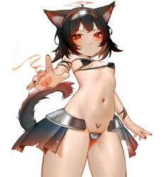 Rule 34 | 1girl, absurdres, ahoge, animal ear fluff, animal ears, arm strap, bikini, black bikini, black hair, black nails, black skirt, breasts, cat ears, cat girl, cat tail, chinese commentary, commentary request, cowboy shot, hei yksk, highres, looking at viewer, miniskirt, nail polish, navel, original, pleated skirt, red eyes, short hair, showgirl skirt, simple background, skirt, small breasts, solo, standing, stomach tattoo, swimsuit, tail, tail raised, tattoo, thighs, white background