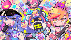 Rule 34 | 3girls, black gloves, bow, breasts, buro (muse dash), candy corn, choker, cigarette, cloud, copyright name, gloves, guitar, hair between eyes, hair bow, hat, holding, instrument, long sleeves, looking at viewer, marija (muse dash), multicolored hair, multiple girls, muse dash, music, navel, one eye closed, open mouth, orange eyes, orange hair, pink hair, playing instrument, purple eyes, red gloves, rin (muse dash), shirt, skirt, star-shaped pupils, star (symbol), streaked hair, symbol-shaped pupils, terada tera, twintails