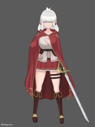 Rule 34 | 1girl, ahoge, antenna hair, boots, breasts, brown footwear, cape, cleavage cutout, closed mouth, clothing cutout, covered eyes, earrings, frills, full body, grey background, hair over eyes, highres, holding, holding sword, holding weapon, isabel holt, jewelry, large breasts, looking at viewer, medium hair, original, pleated skirt, poppy pacha, red cape, sheath, shirt, simple background, skindentation, skirt, smirk, solo, standing, sword, thigh strap, wavy hair, weapon, white hair