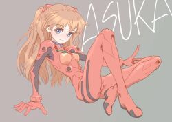 Rule 34 | 1girl, ass, blue eyes, bodysuit, breasts, brown hair, character name, closed mouth, full body, grey background, hea-san, long hair, looking ahead, neon genesis evangelion, pilot suit, plugsuit, red bodysuit, shiny clothes, simple background, smile, solo, souryuu asuka langley, v, very long hair, wide hips