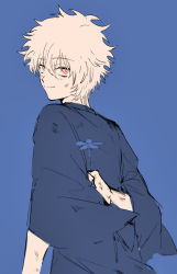 Rule 34 | 1boy, 76piccolo, aged down, blue background, blue theme, dirty, flower, from behind, gintama, highres, holding, holding flower, japanese clothes, red eyes, sakata gintoki, sketch, smile, solo