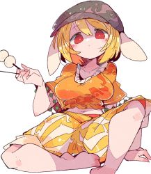 Rule 34 | 1girl, arm support, barefoot, blonde hair, breasts, brown hat, cabbie hat, closed mouth, dango, food, hat, highres, holding, holding food, large breasts, looking at viewer, massakasama, navel, orange shirt, red eyes, ringo (touhou), shirt, short hair, short sleeves, shorts, simple background, sitting, solo, striped clothes, striped shorts, touhou, wagashi, white background, yellow shorts