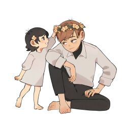 Rule 34 | 1boy, 1girl, arm at side, arm up, bare legs, barefoot, black hair, black undershirt, brown eyes, brown hair, chilchuck tims, child, dress, dungeon meshi, father and daughter, flower, flower ring, flower wreath, fullertom (dungeon meshi), hair flower, hair ornament, halfling, head wreath, highres, knee up, long sleeves, looking at another, p1ngd0, profile, putting on headwear, shirt, short hair, sideways glance, simple background, sitting, sleeves rolled up, smile, standing, standing on one leg, white background, white dress, white shirt, yellow flower