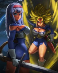Rule 34 | 1girl, absurdres, armor, ass, blonde hair, blue eyes, boots, bra (dragon ball), breasts, cleavage, dragon ball, dragonball z, elite nappa, gloves, hairband, highres, large breasts, messy hair, multiple girls, purple hair, super saiyan, sword, tail, torn clothes, weapon