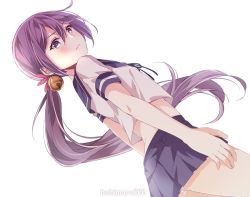 Rule 34 | 1girl, akebono (kancolle), bell, blue sailor collar, blue skirt, commentary request, cowboy shot, dutch angle, flower, hair bell, hair flower, hair ornament, jingle bell, kantai collection, kukimaru, long hair, one-hour drawing challenge, panties, pantyshot, pleated skirt, purple eyes, purple hair, sailor collar, school uniform, serafuku, short sleeves, side ponytail, simple background, skirt, solo, underwear, very long hair, white background, white panties