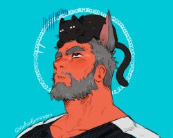 Rule 34 | 1boy, animal, animal on head, bara, black cat, blush, cat, cat on head, cat tail, facial hair, highres, kemonomimi mode, looking up, male focus, matty (radicallymaxton), mature male, mustache, on head, original, pectoral cleavage, pectorals, portrait, short hair, solo, tail, turn pale, upper body