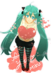 Rule 34 | 1girl, aqua eyes, female focus, full body, gradient background, green hair, hair ribbon, hatsune miku, heart, jewelry, long hair, looking up, necklace, pantyhose, ribbon, sakanashi, smile, solo, striped clothes, striped pantyhose, text focus, twintails, very long hair, vocaloid, white background