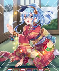 Rule 34 | 1girl, blue eyes, blue hair, iroha karuta, japanese clothes, karuta (card game), kimono, kneeling, long hair, matching hair/eyes, official art, senjou no electro girl, shina shina, solo