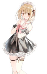 Rule 34 | 1girl, bare shoulders, black dress, blonde hair, breasts, brown eyes, cleavage, collarbone, detached sleeves, dress, frilled panties, frills, groin, hair ribbon, hands up, headdress, highres, looking at viewer, maid headdress, original, panties, pink ribbon, ribbon, see-through, short hair, simple background, small breasts, solo, standing, thigh strap, underwear, white background, white panties, yon (letter)