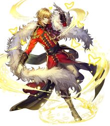 Rule 34 | 1boy, alternate costume, blonde hair, boots, bug, butterfly, dancing, eldigan (fire emblem), eldigan (masquerade) (fire emblem), epaulettes, feather boa, fire emblem, fire emblem: genealogy of the holy war, fire emblem heroes, full body, fur trim, gloves, highres, insect, male focus, matching hair/eyes, medium hair, nintendo, official art, polearm, solo, sparkle, spear, transparent background, weapon, white gloves, yellow eyes