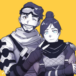 Rule 34 | 1boy, 1girl, animification, apex legends, blue eyes, bodysuit, brown eyes, eyebrow cut, fingerless gloves, gloves, goggles, goggles on head, hair bun, hand on another&#039;s shoulder, head tilt, highres, looking at viewer, marssandwich, mirage (apex legends), nose piercing, one eye closed, parted bangs, piercing, scar, scar across eye, scarf, single hair bun, smile, v, wraith (apex legends), yellow background
