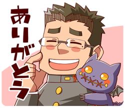 Rule 34 | 1boy, 1other, arm up, bat wings, blush stickers, brown hair, chibi, colored skin, devil (housamo), gakuran, glasses, hand on own face, lowres, mole, mole under eye, motoori shiro, non-web source, open mouth, pink background, purple skin, rimless eyewear, sasaki sakichi, school uniform, short hair, sideburns, smile, teeth, thick eyebrows, tokyo houkago summoners, transparent background, two-tone background, upper teeth only, wings