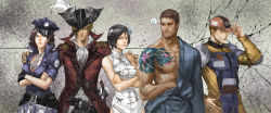 Rule 34 | 2girls, 3boys, ada wong, alternate costume, belt, blonde hair, capcom, chinese clothes, chris redfield, crossed arms, epaulettes, everyone, eyepatch, facial hair, hair ornament, hair over one eye, hand on shoulder, hat, helena harper, japanese clothes, kimono, leon s. kennedy, long image, multiple boys, multiple girls, narrator (nobody), necktie, piers nivans, pirate hat, police, police uniform, resident evil, resident evil 6, sword, tattoo, uniform, weapon, wide image