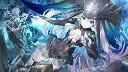 Rule 34 | &gt;:), 2girls, black leotard, blue eyes, breasts, bridal gauntlets, center opening, closed mouth, colored skin, commentary request, covered navel, dutch angle, glowing, hair between eyes, holding, index finger raised, iron saga, karas (iron saga), kemuri (iron saga), leotard, long hair, mecha musume, medium breasts, multiple girls, pleated skirt, red eyes, see-through, silver hair, skirt, smile, tongue, tongue out, v-shaped eyebrows, very long hair, white skin, white skirt, yoshimoto (dear life)