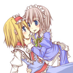 Rule 34 | 2girls, alice margatroid, blonde hair, blue eyes, blush, braid, eye contact, female focus, grabbing another&#039;s chin, hairband, hand on another&#039;s chin, izayoi sakuya, looking at another, maid, multiple girls, natsuk, short hair, silver hair, touhou, yuri