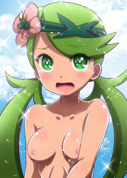 Rule 34 | 1girl, ai wa muteki, blush, breasts, cloud, creatures (company), eyes visible through hair, flower, game freak, green eyes, green hair, hair flower, hair ornament, long hair, looking at viewer, mallow (pokemon), matching hair/eyes, medium breasts, nintendo, nipples, nude, open mouth, outdoors, pokemon, pokemon sm, sky, solo, sparkle, tears, upper body