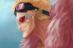 Rule 34 | 1boy, blonde hair, donquixote doflamingo, earrings, feather boa, goggles, goggles on head, jewelry, mag (huangmag), male focus, one piece, open clothes, open shirt, shirt, short hair, smile, solo, sunglasses, topless male, upper body
