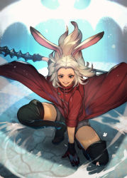 Rule 34 | 1girl, animal ears, warrior of light (ff14), black footwear, black gloves, black shorts, black thighhighs, boots, brown eyes, coat, commentary request, commission, final fantasy, final fantasy xiv, gloves, grin, hide (hideout), highres, holding, holding polearm, holding weapon, long hair, parted lips, polearm, rabbit ears, red coat, shorts, skeb commission, sleeves rolled up, smile, solo, squatting, thigh boots, thighhighs, viera, weapon, white hair, wind