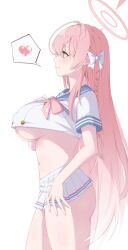 Rule 34 | 1girl, absurdres, ass, blue archive, blue sailor collar, bow, braid, breasts, closed mouth, covered erect nipples, crop top, green eyes, hair bow, halo, hanako (blue archive), heart, highres, large breasts, long hair, miniskirt, navel, pink hair, profile, sailor collar, simple background, single braid, skirt, smile, solo, spoken heart, standing, thighs, underboob, white background, white bow, white skirt, yn 6262