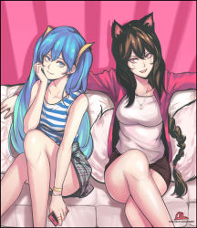 Rule 34 | 2girls, :d, ahri (league of legends), alternate costume, animal ears, bare legs, black hair, black skirt, blouse, blue eyes, blue hair, braid, braiding hair, breasts, cal (pmgdd), casual, crossed legs, facial mark, fang, fox ears, fox girl, fox tail, hairdressing, jewelry, league of legends, legs, long hair, long sleeves, looking at viewer, multiple girls, necklace, open mouth, outstretched arms, pencil skirt, phone, plaid, plaid skirt, red eyes, redrawn, revision, shirt, single braid, sitting, skirt, sleeveless, sleeveless shirt, smile, sona (league of legends), spread arms, striped clothes, striped shirt, tail, tank top, twintails, very long hair, watermark, web address, whisker markings, white shirt