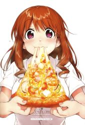 Rule 34 | 1girl, :t, artist name, bell pepper, bell pepper slice, blouse, blush, breasts, brown hair, dress shirt, eating, food, food focus, highres, holding, holding food, kawai makoto, koufuku graffiti, large breasts, machiko ryou, meat, official art, oversized food, oversized object, pepper, pink eyes, pizza, pizza slice, shirt, short sleeves, shrimp, simple background, solo, tomato, translation request, upper body, watermark, white background, white shirt