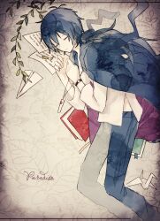 Rule 34 | 1boy, alicemare, black cape, black hair, blue pants, book, cape, closed eyes, closed mouth, highres, jewelry, long sleeves, male focus, necklace, origami, pale skin, pants, paper, paper airplane, paper crane, sensei (alicemare), shiro kunugi, shirt, short hair, solo, watch, white shirt, wristwatch