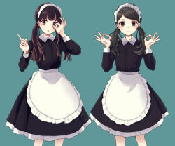 Rule 34 | 2girls, apron, aqua background, black dress, black eyes, black hair, blunt bangs, closed mouth, collared dress, commentary, dress, frilled apron, frilled dress, frills, hand over eye, index finger raised, kashiwagi chisame, long hair, long sleeves, looking at viewer, looking to the side, low twintails, maid, maid apron, maid headdress, multiple girls, ok sign, original, parted lips, simple background, sleeve cuffs, smile, tareme, twintails, two-tone dress, white apron, white headdress
