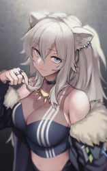 Rule 34 | 1girl, absurdres, animal ear fluff, animal ears, armpit crease, bare shoulders, black choker, black jacket, black shirt, blurry, breasts, cat ears, choker, cleavage, closed mouth, crop top, earrings, fur trim, gradient background, grey background, grey eyes, hair between eyes, hand up, highres, hololive, jacket, jewelry, large breasts, lion ears, lion girl, long hair, long sleeves, looking at viewer, meme50, midriff, multiple rings, off shoulder, open clothes, open jacket, ring, sanpaku, see-through, see-through cleavage, shirt, shishiro botan, shishiro botan (1st costume), silver hair, sleeveless, sleeveless shirt, smile, solo, stomach, two side up, upper body, virtual youtuber