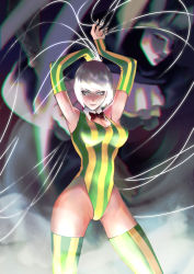 Rule 34 | 1girl, 1other, absurdres, armpits, arms up, artist request, breasts, curvy, from below, gluteal fold, grey eyes, grey hair, groin, hair between eyes, harlequin (karakuri circus), highleg, highleg leotard, highres, karakuri circus, leotard, looking at viewer, looking to the side, marionette, medium breasts, parted lips, puppet, serious, shirogane (karakuri circus), short hair, standing, string, striped clothes, striped legwear, striped leotard, swept bangs, thighs, vertical-striped clothes, vertical-striped legwear, vertical-striped leotard, wide hips