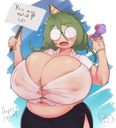 Rule 34 | 1girl, 2020, :3, areola slip, artist name, bracelet, breasts, bursting breasts, button gap, coffeeslice, cowboy shot, english text, fat, glasses, half-closed eyes, hat, highres, huge areolae, huge breasts, jewelry, midriff, navel, nerd (coffeeslice), nipples, open mouth, original, party hat, plump, round eyewear, see-through, shirt, short shirt, sign, standing, white shirt