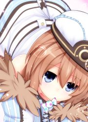 Rule 34 | 10s, 1girl, bare shoulders, blanc (neptunia), blue eyes, brown hair, candy, food, fur trim, haru blanc0316, hat, highres, looking at viewer, mouth hold, neptune (series), short hair, solo