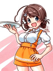 Rule 34 | 1girl, ahoge, alternate costume, anna miller, apron, artist logo, braid, braided hair rings, breasts, brown hair, chougei (kancolle), commentary request, cowboy shot, dated, grey eyes, hair rings, hand on own hip, kantai collection, kutone shirika, large breasts, long hair, looking at viewer, name tag, orange apron, orange skirt, puffy sleeves, shirt, short sleeves, skirt, smile, solo, tray, twin braids, waitress, white shirt