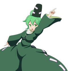 Rule 34 | 1girl, :o, ahoge, blush, breasts, cato (monocatienus), dress, green eyes, green hair, hat, index finger raised, matching hair/eyes, open mouth, pointing, saturday night fever, short hair, simple background, soga no tojiko, solo, tate eboshi, touhou, white background