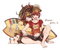 Rule 34 | 1boy, belt, bracelet, buster shirt, collarbone, crest, facing viewer, family crest, fate/grand order, fate (series), hat, highres, jewelry, long hair, male focus, midriff, mini nobu (fate), navel, oda kippoushi (fate), oda nobunaga (fate), oda uri, open mouth, pants, peaked cap, ponytail, red eyes, red shirt, shirt, short sleeves, simple background, sitting, surfboard, swimsuit, tied shirt, twitter username, white background, yui (tamagohan)