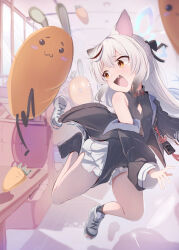 Rule 34 | 1girl, absurdres, animal ears, bare shoulders, black dress, black hair, black jacket, black socks, blue archive, blue halo, blush, breasts, carrot, commentary request, diamond cutout, dress, fang, flying sweatdrops, grey hair, halo, highres, indoors, jacket, kokona (blue archive), long hair, looking at another, mok4suke, multicolored hair, off shoulder, open mouth, pelvic curtain, shoes, single shoe, skin fang, small breasts, socks, solo, streaked hair, striped clothes, striped dress, striped jacket, tears, tiger ears, tiger girl, unworn shoes, vertical-striped clothes, vertical-striped dress, vertical-striped jacket, wavy mouth